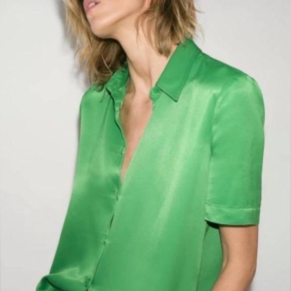 Zara Green Satin Short Sleeve Button Down Blouse